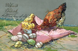 Gold Gilt Chicks and Hen Looking At Decorated Easter eggs Easter  Postcard - Picture 1 of 2