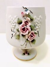 Lefton Vintage 1940's Porcelain Bisque Floral Gold Trim Hand Painted Vase #1046