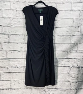 Lauren Ralph Lauren Dress Women’s 8 Black Sheath Jersey Ruffled V-Neck New - Picture 1 of 12