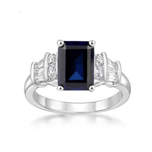 Australian Blue Sapphire Emerald cut solitaire Silver Ring White gold over - Picture 1 of 3