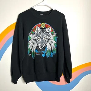 Vintage 80s 90s Wolf Sweatshirt Men's M Black Crewneck Feathers Native American - Picture 1 of 5