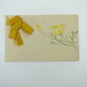 Viktorianische Visitenkarte Aquarell gelb Mohnblumen Band Schleife Antik 1900 - Bild 1 von 12