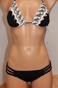 NWT Oneill Swimsuit Bikini 2 piece set Sz S Black Solid Crochet Knotted Tab Side - Picture 1 of 4