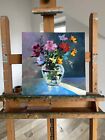 Flowers Still Life Original Painting: Bouquet in Vase, Abstract Acrylic 12x12''