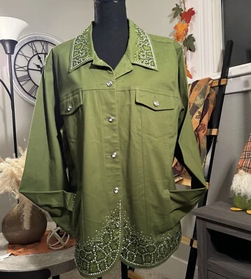 Quacker Factory Stretch Denim Jean Jacket Women's Plus Size XL Green Bling - Image 1 of 4
