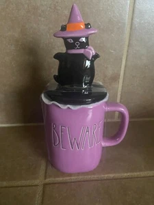 Rae Dunn By Magenta Beware Black Cat Topper Purple Mug Halloween  *New* - Picture 1 of 2