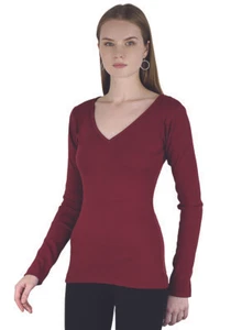 Artyska Women Long Sleeve Stretch Cotton V Neck Ribbed Lightweight Basic T shirt - Picture 1 of 28