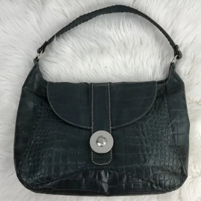 Bolso de Hombro Hobo Vintage Donald J. Pliner Gris Masilla Oscuro Cuero de Cocodrilo Repujado Foto 1 de 4