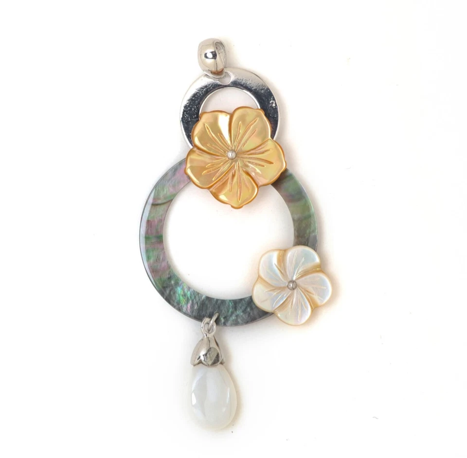 Natural Mother of Pearl Shell Jewelry Pendant - Cutout Circle Two Flower - Image 1 of 1