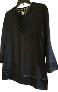☀️NEW Dana Buchman Linen Tunic sz 10 Black Cut Out Lace Bracelet Sleeve NWOT - Picture 1 of 4