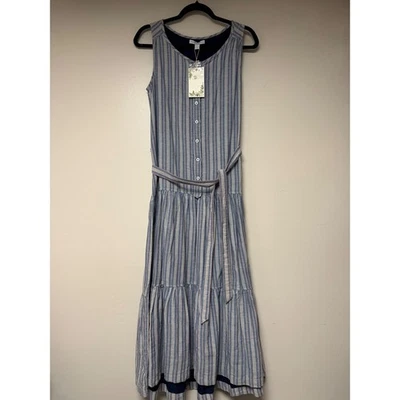 Chelsea & Violet Maxi Dress Small Blue Striped Sleeveless Button Front Belted - Image 1 of 4
