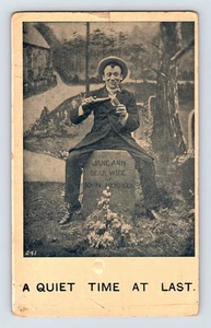 Vintage 1908 Humorous Postcard Man Grave Drinking Quiet Time at Last - Picture 1 of 2