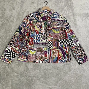 Chicos Denim Jacket Women 3 XL Colorful Abstract Artsy Snap Closure Flap Pockets - Picture 1 of 18