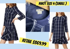 Shoshanna Women's Aldora Dress S Size 4 Navy Blue White Plaid 3/4 Sleeve Ruffle - Picture 1 of 14