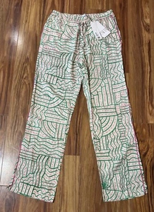 Zara Linen Blend Graffiti Print Pant M Cream Green Pink Trouser NWT - Picture 1 of 8