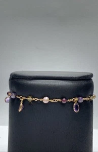 10k Yellow Gold Freshwater Pearl, Amethyst & Crystal 6 1/2" Bracelet 3.7g - Picture 1 of 7