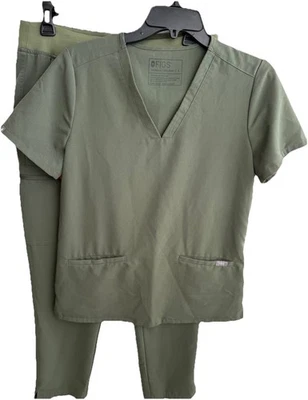 FIGS Olive Green Casma Three-Pocket Scrub Top Small & Yola Skinny Pants Medium - Image 1 of 4