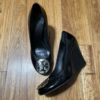Tory Burch Women's Black Reva Sophie Wedge Heels Shoes Size 8.5M Patent Leather - Image 1 of 4