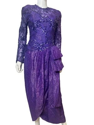 Vestido de encaje vintage años 80 Victor Costa púrpura lentejuelas diseñador sexy Foto 1 de 4