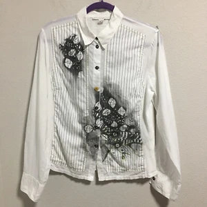 Didier Parakian Women Button Down Long Sleeve White Beaded Shirt Size 14 - Picture 1 of 9