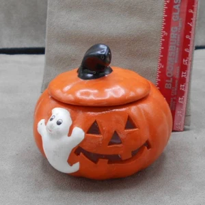 Jack-O'Lantern Lidded Candle Holder w/Ghost Hand Painted Vintage - Picture 1 of 7
