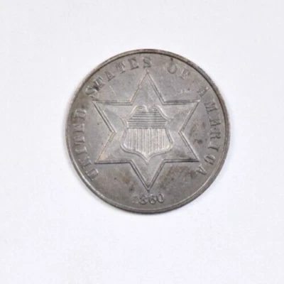 1860 THREE CENT SILVER ~ NICE PASTEL TONED CHOICE UNCIRCULATED! - Image 1 of 2
