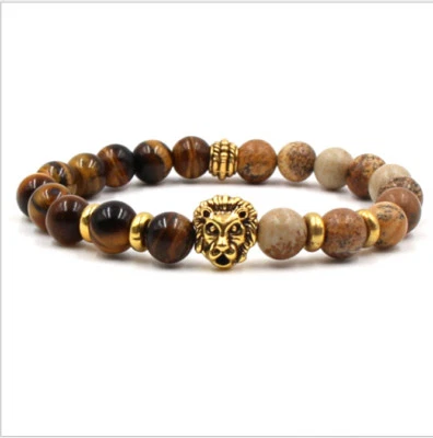 Men's Handmade Lava Rock Bracelets Tiger Eye Beads Gold Lion Head Agate Beaded - Image 1 of 2