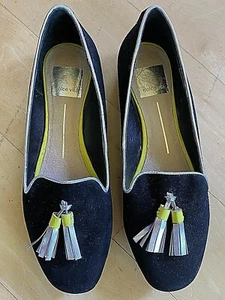 DV DOLCE VITA Black Soft Suede Leather Loafer Silver Tassel Flats Sz 6.5. MINT! - Picture 1 of 12