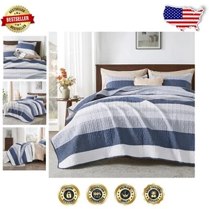 3-Piece Super King Quilt Set in Mineral Blue - Stylish and Lightweight Coverlet - Picture 1 of 11