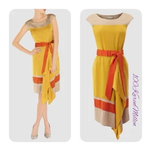 Karen Millen UK 12 Satin Coral colourblock asymmetrical Belted Shift Dress EU40 - Picture 1 of 9