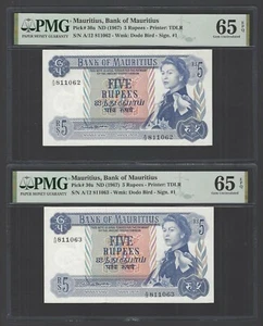 Mauritius 5 Rupees "2 Consecutive Banknotes" ND(1967) P30a Uncirculated Grade 65 - Picture 1 of 2