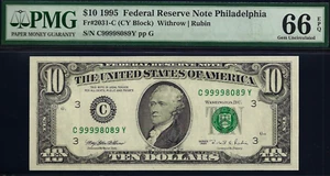 1995 $10 Federal Reserve Note PMG 66EPQ top pop highest graded CY Block - Picture 1 of 4