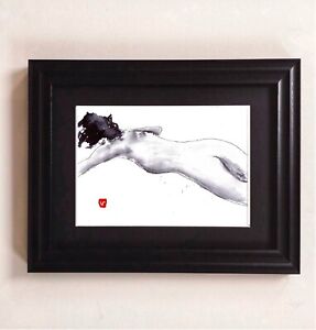 Figure Nude Original By Vital Ink wash painting impressionist  . A5 signed 