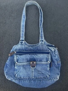Borsa denim vintage senza marchio anni 80 3 sezioni zip centrali tasca frontale morbida - Foto 1 di 9