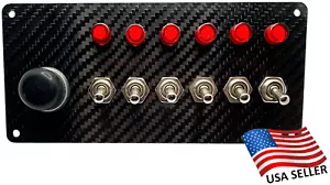 Real Carbon Fiber 6 Switch Panel, Start, 6 RED Indicator Lights, 1 Push Start - Picture 1 of 3