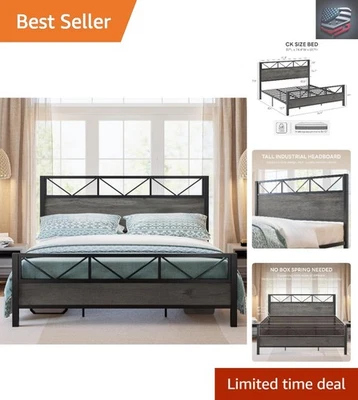 Elegante marco de cama California King con cabecero industrial de 51,2"" - sin ruido Foto 1 de 4