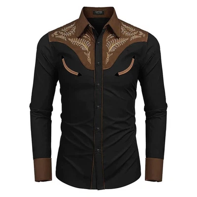 Men's Western Cowboy Shirt Long Sleeve Retro Printing Casual Buttons Down Shirt - Image 1 of 4
