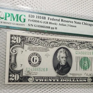 1934 B $20 Federal Reserve Note Green Seal PMG Gem UNC 65EPQ Vinson Signature - Picture 1 of 6