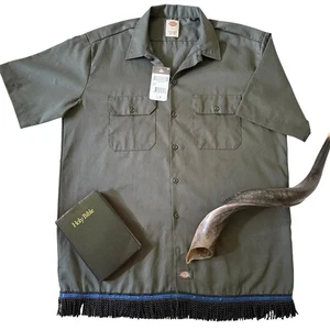 NEW Israelite Mens Work Dark Green, Button Down Shirt w/ Black Fringes Sz Large - Picture 1 of 9