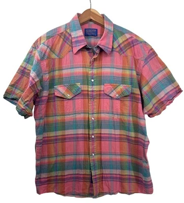 Camisa Pendleton Para Hombre De Colección Talla L Rosa A Cuadros Perla A Presión Corta Slv Algodón Occidental Foto 1 de 4
