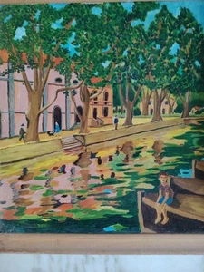 Belle Peinture Sur Isorel Claude Verhaegen " Au Bord De L ' EAU En Ville" - Foto 1 di 12