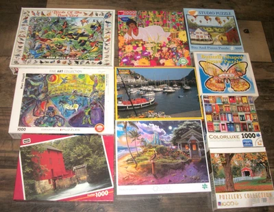USED LOT 10 JIGSAW PUZZLES 1,500 & 1,000 PIECES BIRDS RED BARN BEACH CABIN BOATS - Image 1 of 4
