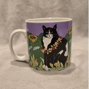 Mary Lake Thompson Silvestri Tuxedo Cat Floral Mug Purple Green Sunflowers Korea - Picture 1 of 4