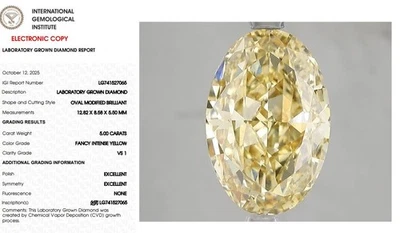 5.00 Oval Lab Grown Diamond For Engagement Ring IGI Fancy Intense Yellow VS1 - Image 1 of 4