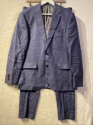 John Lewis Linen Suit 2 Pc Mens 42 33 x 32 Blue Single Breasted Slim Taper Leg - Image 1 of 4