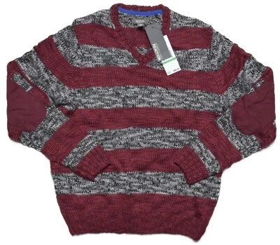 Kenneth Cole мужской свитер бордовый красный серый полоски трикотажа шерсти V шеи средний $80 - Изображение 1 из 4