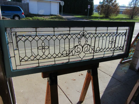 ~ ANTIQUE PART BEVELED STAINED GLASS TRANSOM WINDOW 1 OF 2 ~ 64 X 21 ~ SALVAGE Cover