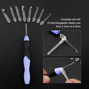 USB Rechargeable LED Light Up Crochet Hook Set Knitting Tool with Replaceable - Picture 1 of 12