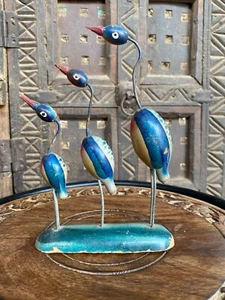 1900er Vintage handgefertigte hölzerne blaue Kranich Vögel dekorative Figur Statue - Bild 1 von 8