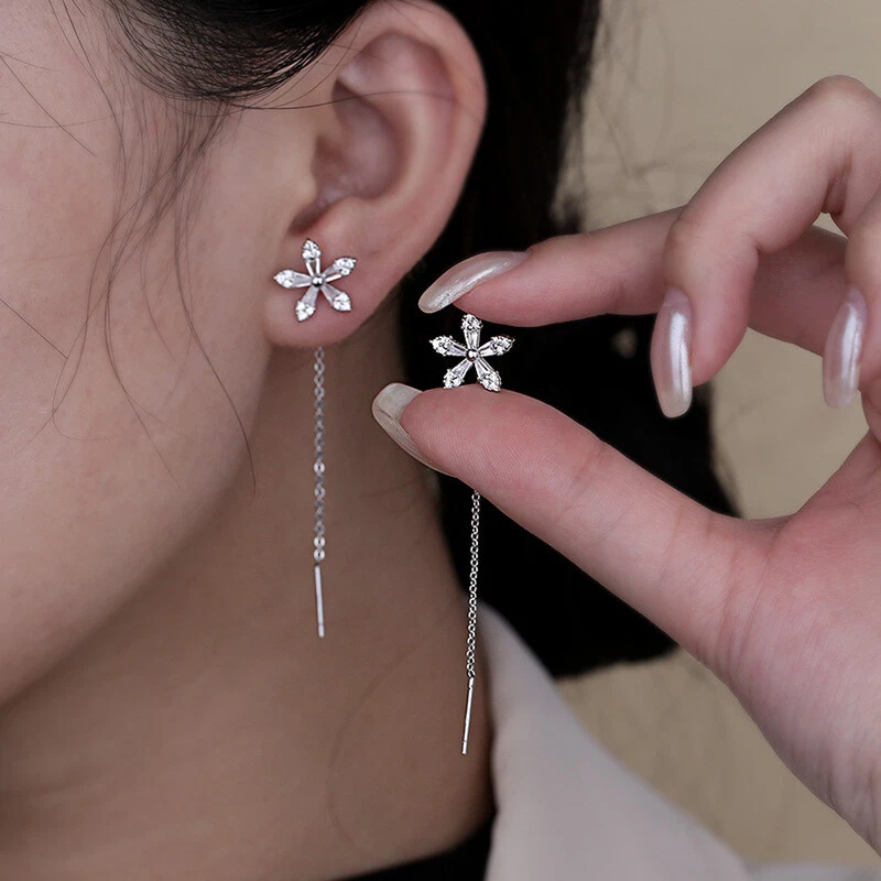 925 Sterling Silver Filled Thread Threader Drop Tassel Flower Crystal Earrings - image 1 of 1